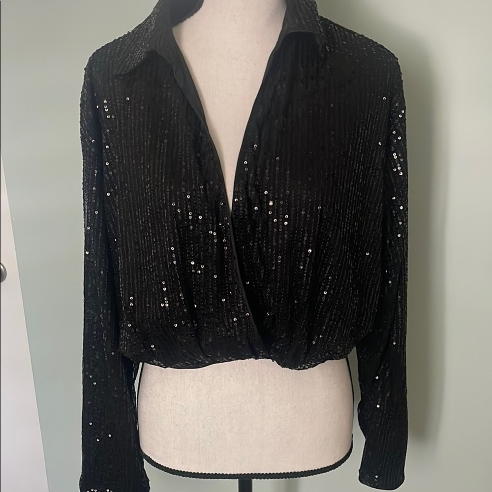 SHEIN Black Sequin Long-sleeve Cropped Top sz M